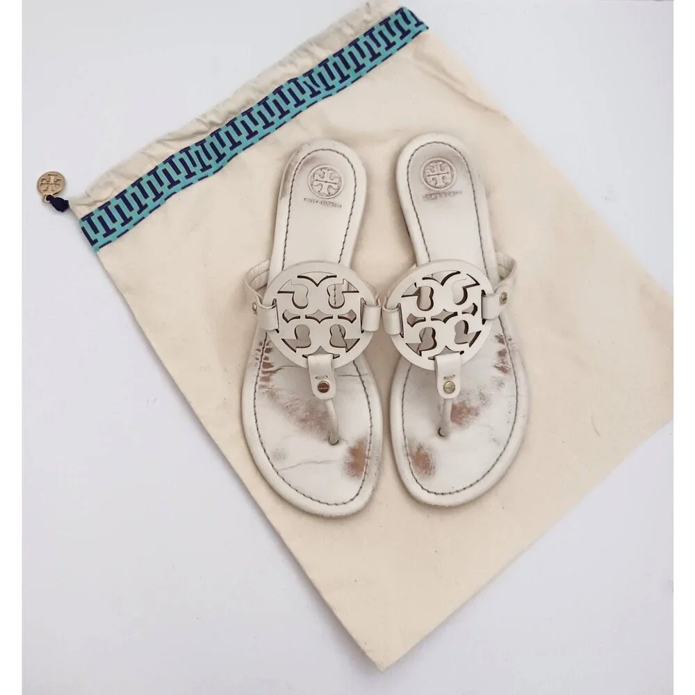 Tory Burch Miller Thong Sandal Ivory Smooth Leather w Dustbag Sz 9M